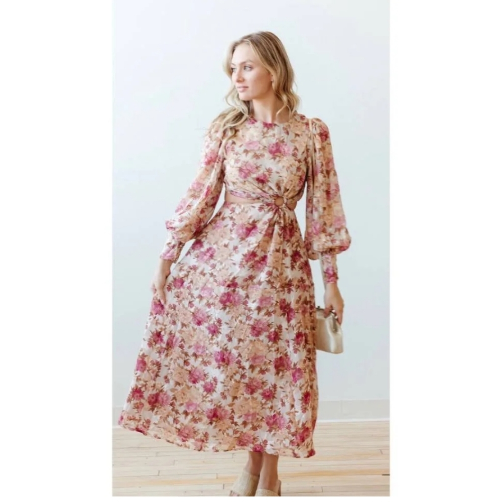 En‎ Saison lissandra pink floral print cutout long sleeve midi dress Size M NWT